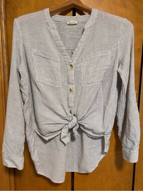 a.n.a Striped Tie Knot Front Long Sleeve Women's Top - Light Grey & White